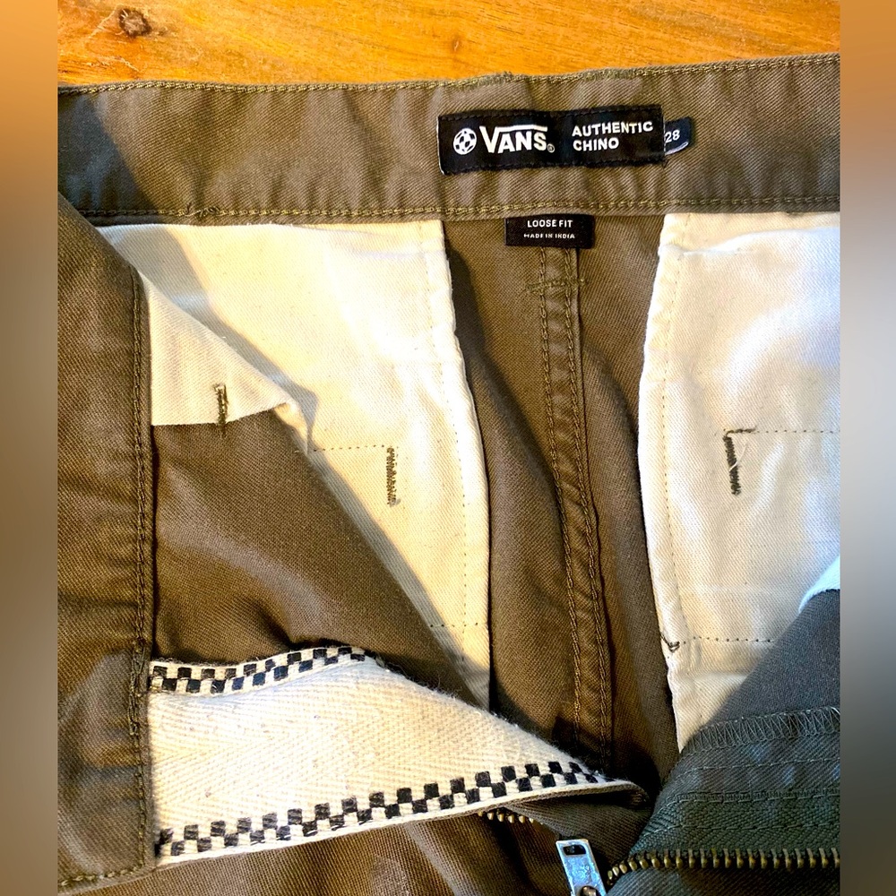 Van’s olive green mens chinos. Size 28 waist.